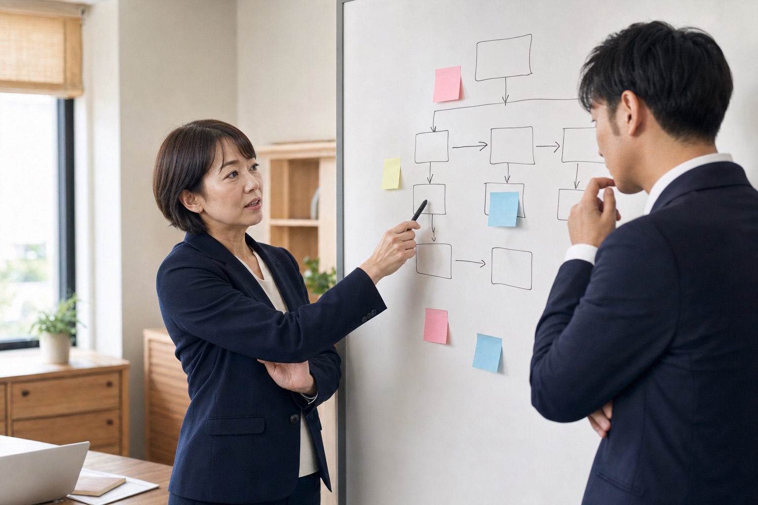 業務フローを整理しながら打ち合わせをする様子