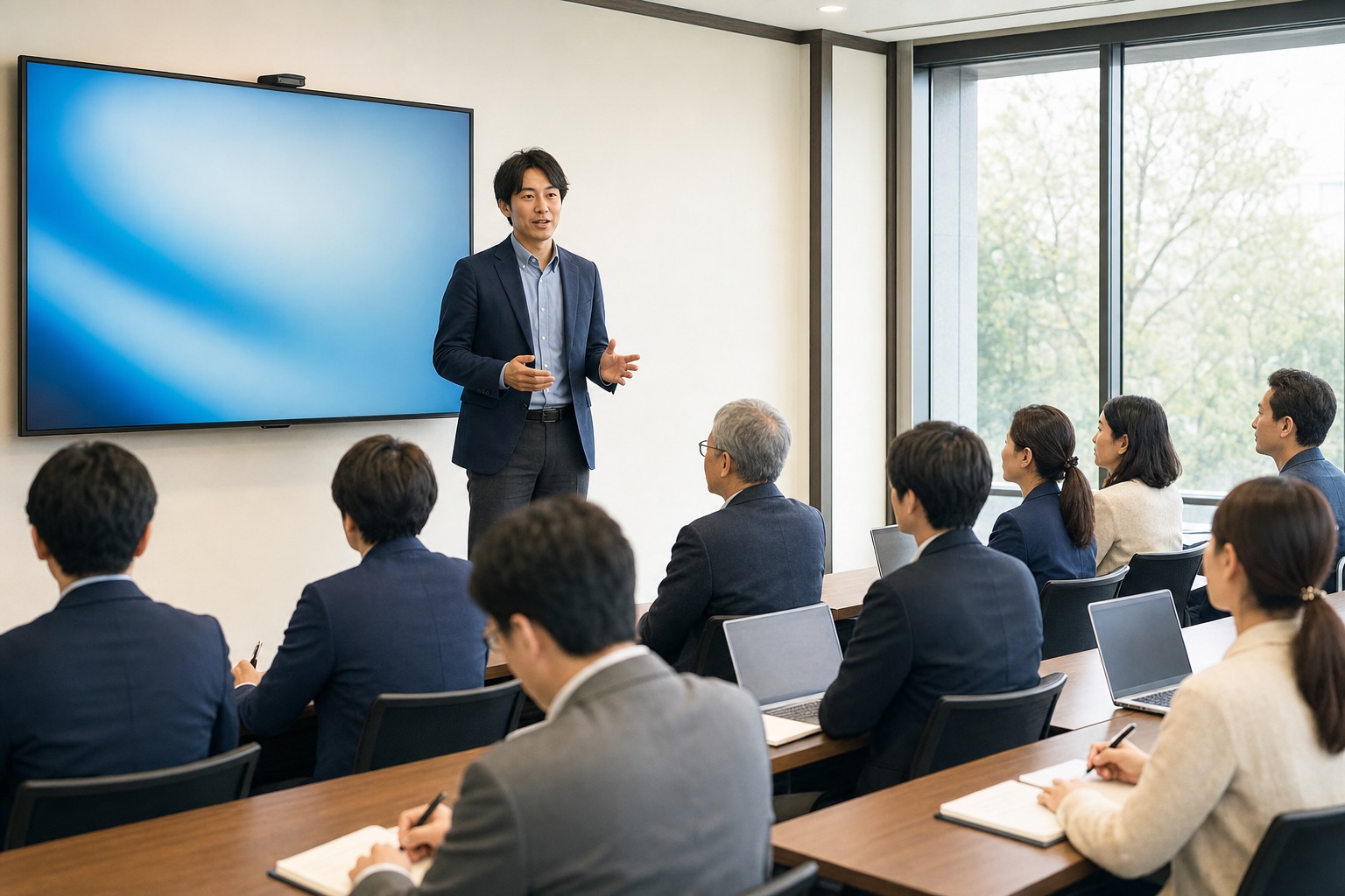 会議室で生成AI研修を受ける受講者