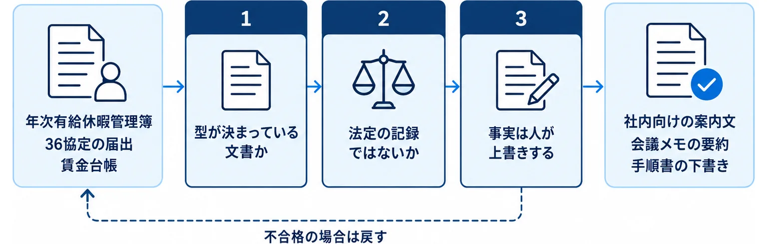 生成AIに下書きを任せてよい文書かどうかを、型が決まっているか・法定の記録ではないか・事実は人が上書きするかの3つの関門で分ける図