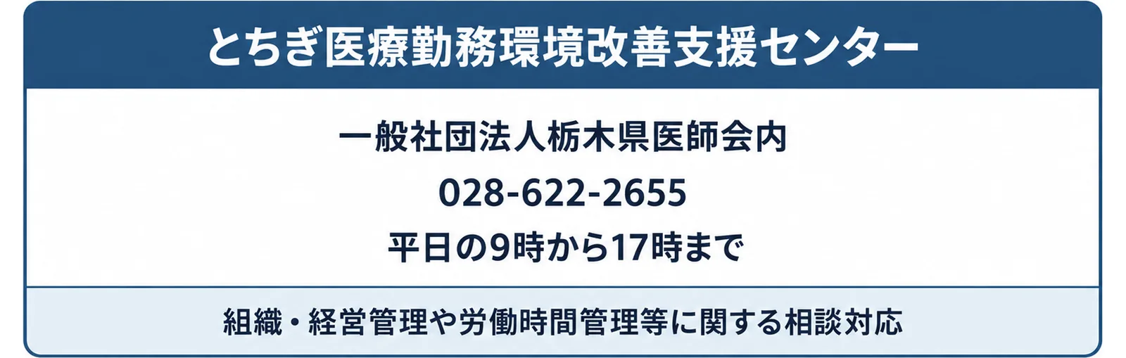 とちぎ医療勤務環境改善支援センターが一般社団法人栃木県医師会内にあり、電話028-622-2655、平日の9時から17時まで、組織・経営管理や労働時間管理等に関する相談対応を行うことを示した図