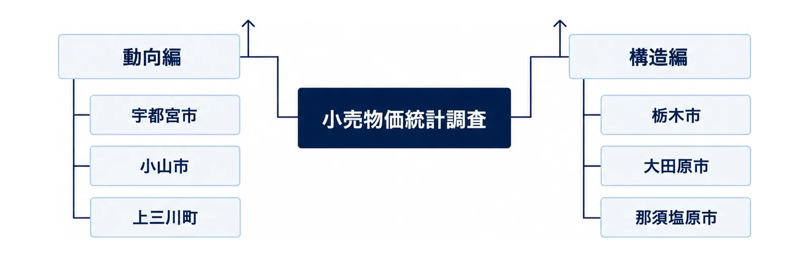 小売物価統計調査から動向編と構造編に枝分かれし、それぞれの県内調査地点を示す図