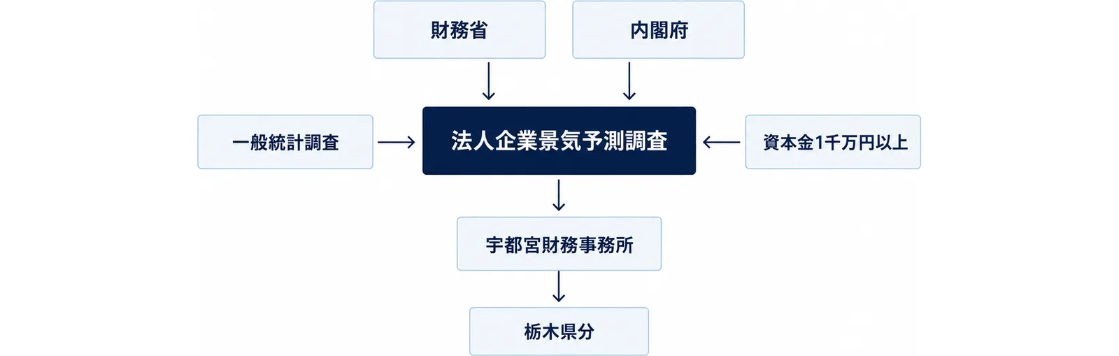 上に財務省と内閣府、中央に法人企業景気予測調査、左右に一般統計調査と資本金1千万円以上、下に宇都宮財務事務所と栃木県分を置いた図