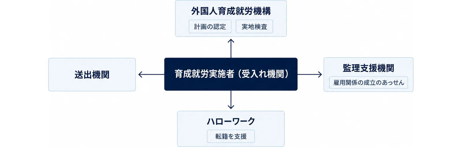 育成就労実施者(受入れ機関)を中心に、計画の認定と実地検査を行う外国人育成就労機構、雇用関係の成立のあっせんを行う監理支援機関、送出機関、転籍を支援するハローワークの位置を示した図